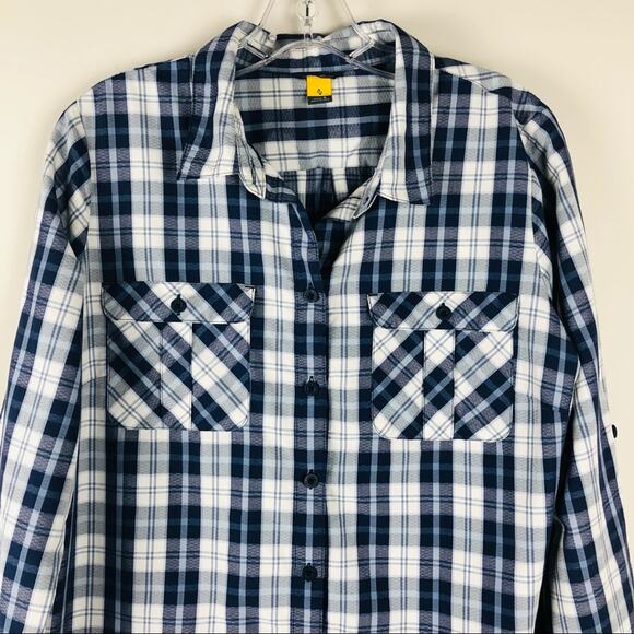 Eddie Bauer blue white plaid button front rip stop hiking camping shirt large - Picture 2 of 8